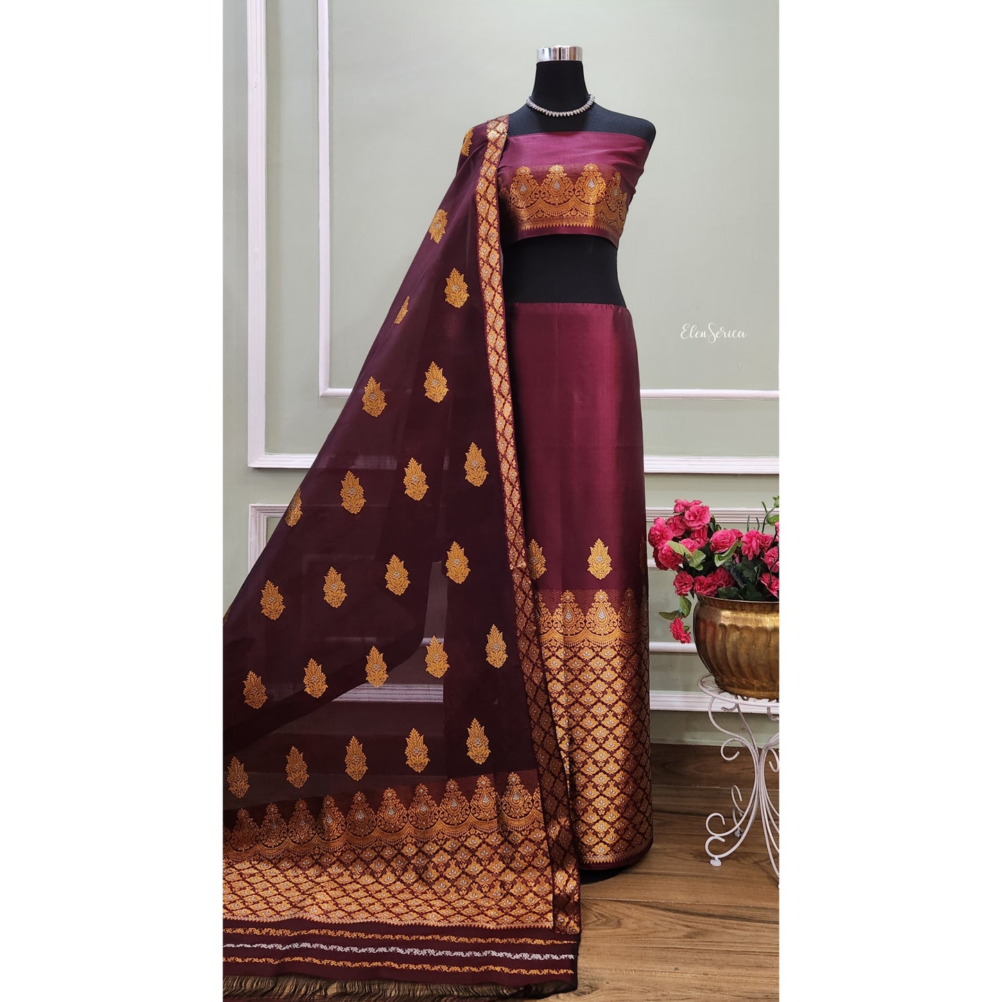 Rich Burgundy Mulberry Silk Mekhela Chador