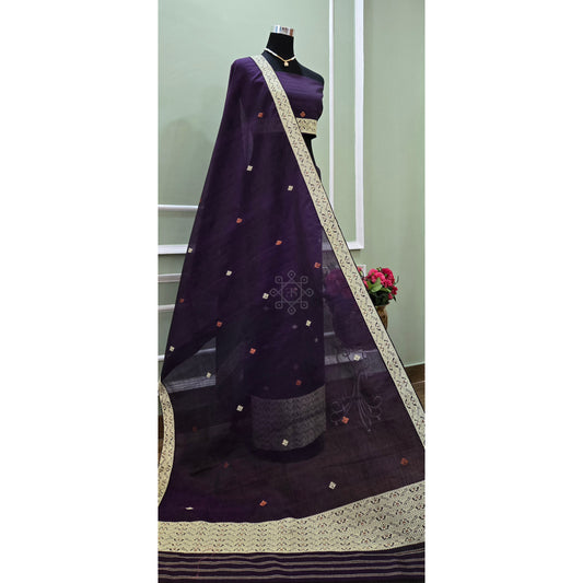 Deep Midnight Purple Cotton-Kesapaat Mekhela Chador