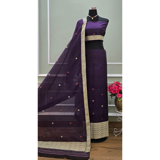 Deep Midnight Purple Cotton-Kesapaat Mekhela Chador