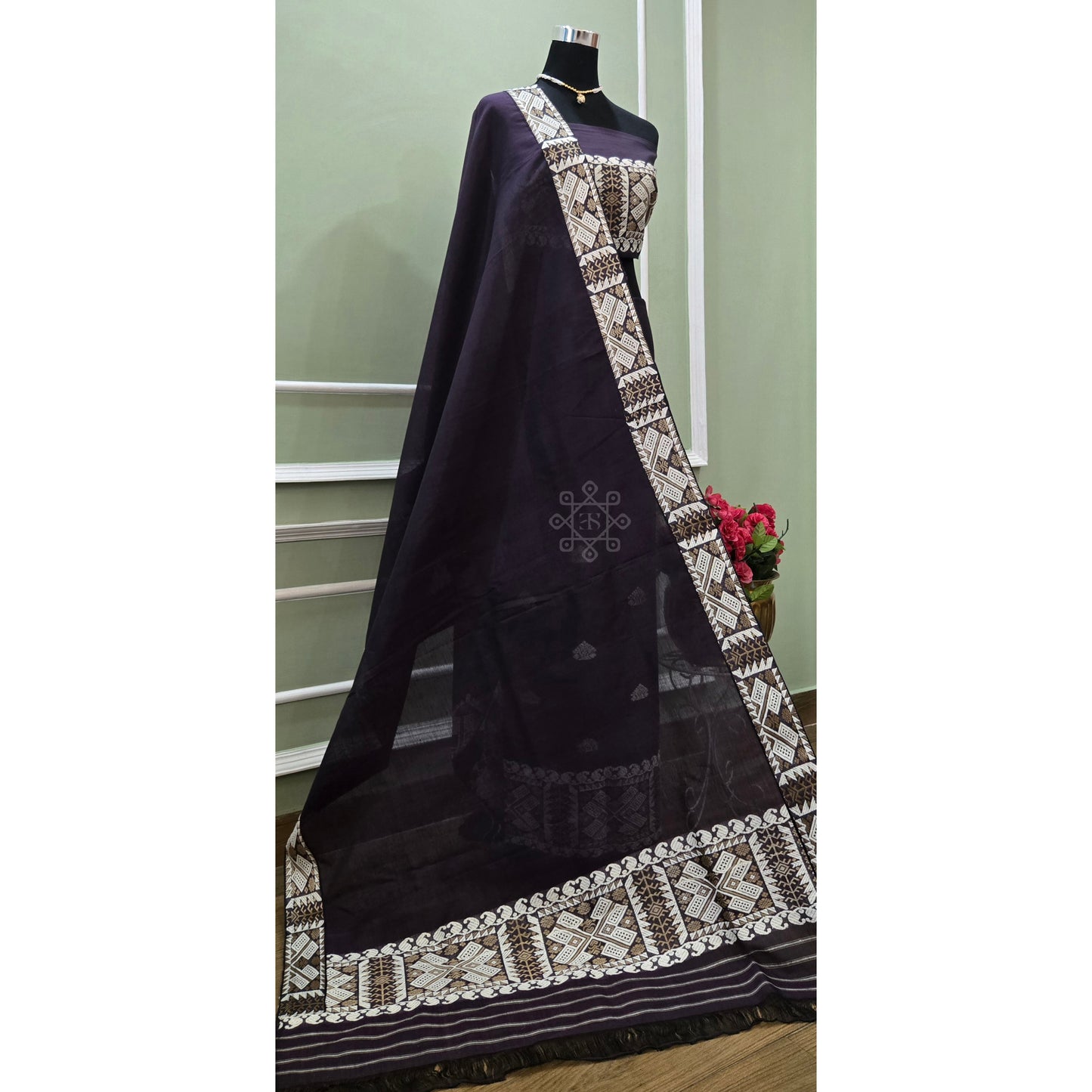Midnight Purple Cotton Kesapaat Mekhela Chador