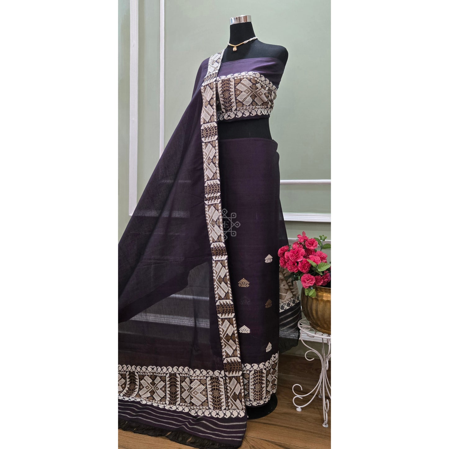 Midnight Purple Cotton Kesapaat Mekhela Chador