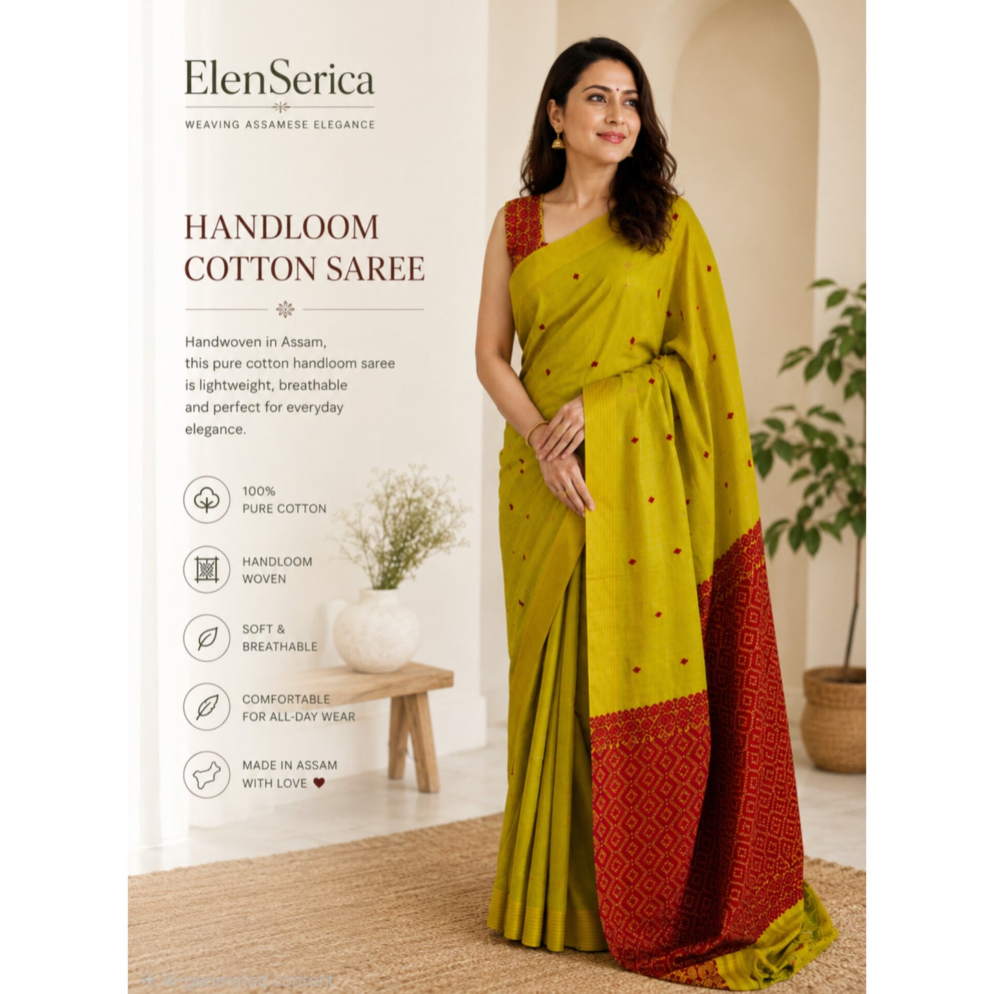 Golden Olive Handloom Cotton Saree