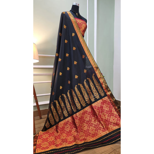 Red and Black Pure Mulberry Silk Mekhela Chador