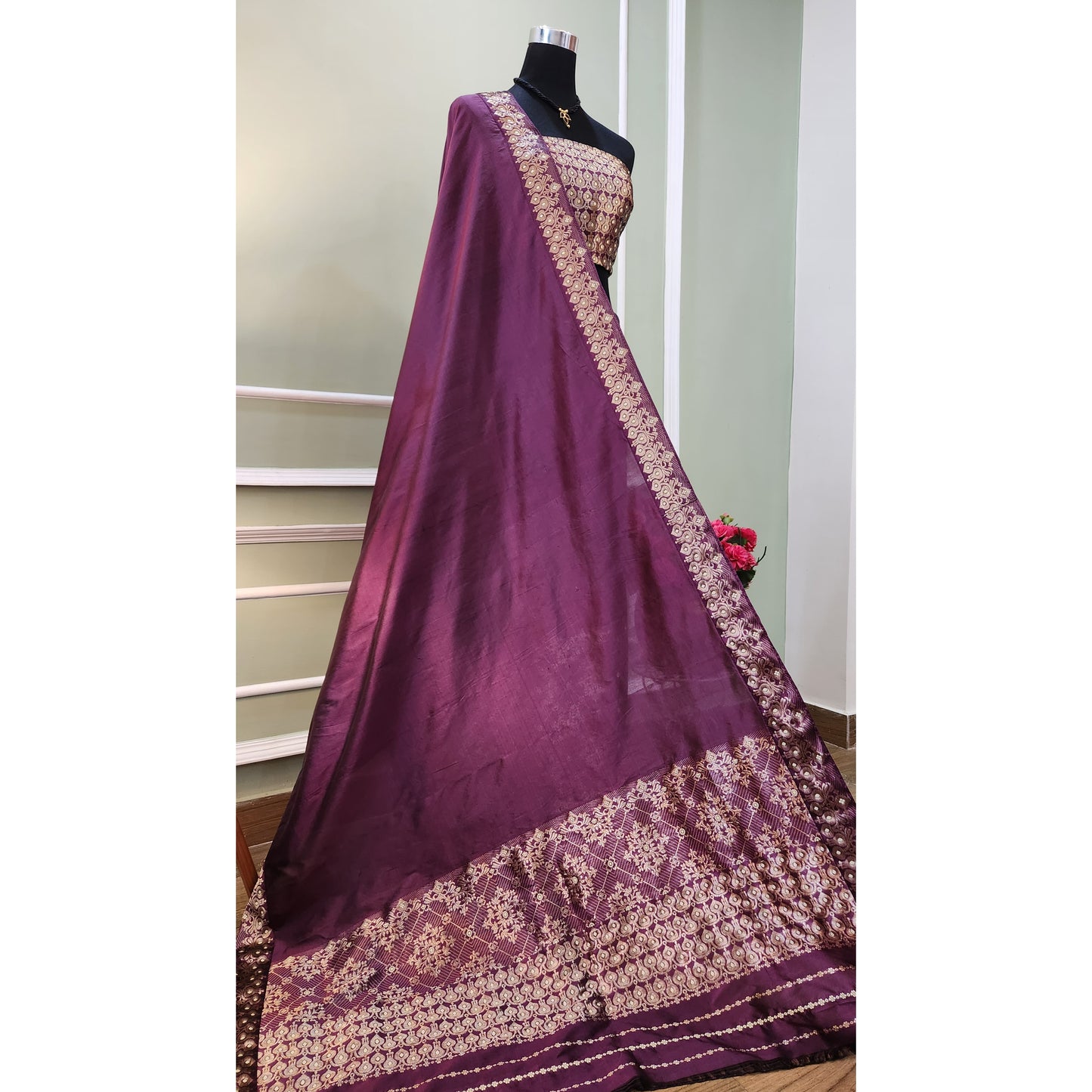 Purple pure Mulberry Silk mekhela chador with golden Zari work