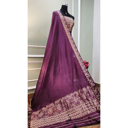 Purple pure Mulberry Silk mekhela chador with golden Zari work