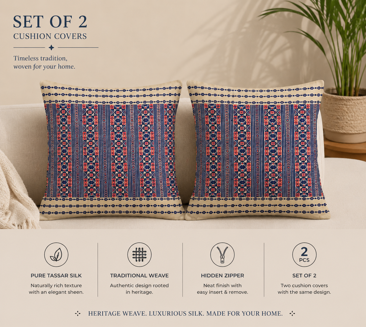 Tussar Blue Red Cushion Covers