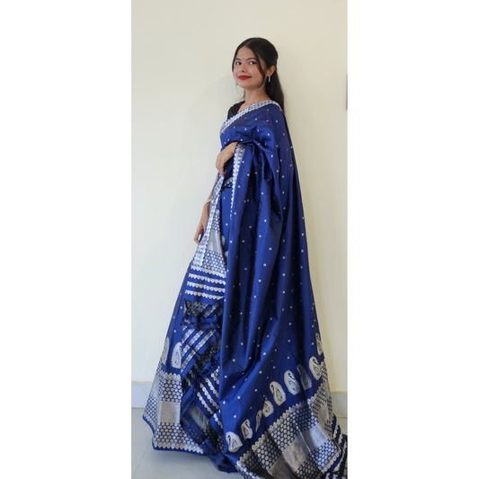 Dark Blue Mulberry Silk (Paat) Mekhela Chador