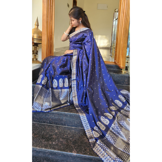 Dark Blue Mulberry Silk (Paat) Mekhela Chador